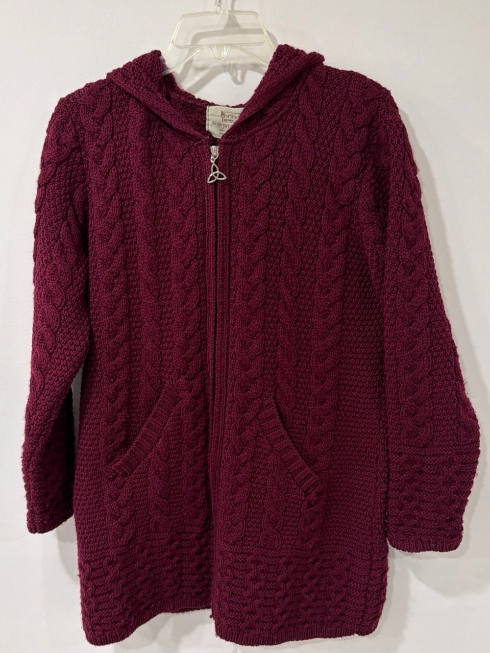 Aran Sweater Market Women's Full Zip Cable Knit Merlot Hooded Coatigan Medium - Picture 3 of 11